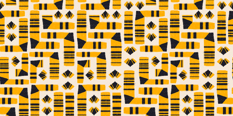 Seamless Pattern with Crayon Grunge Abstract Yellow Shapes. Retro geometric wallpaper. Pencil naive cartoon drawings with hand drawn texture, modern background with freehand design