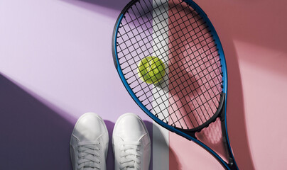 Tennis player on court, ball and racket