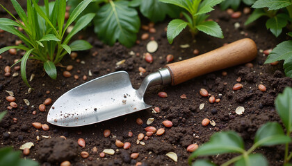 Garden trowel ready for planting on fertile soil, good for gardening-themed blogs, and websites, instructions and presentations.