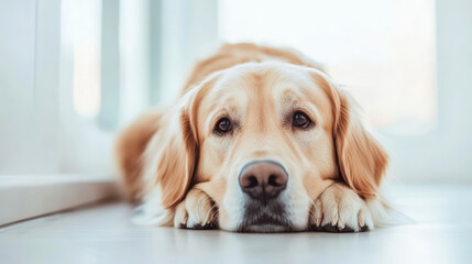 Golden retriever lying on floor in bright room with relaxed and curious expression