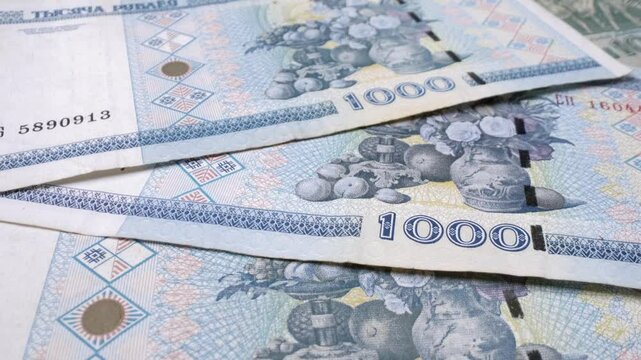 1000 Belarusian rubles (RBL), national currency. Close-up with sliding movement