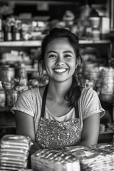 A woman in a bakery, smiling and looking towards the camera. She has brown hair tied back and is wearing a white apron with black designs over a grey top.