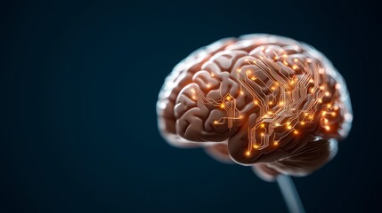 Futuristic Digital Brain Concept with Neural Connectivity and Glowing Circuit Patterns on Dark Background
