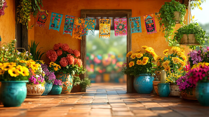 Vibrant Cinco de Mayo fiesta scene showcasing colorful papel picado banners, potted flowers and a warm inviting terracotta patio ideal for cultural celebrations and designs.