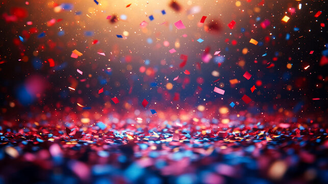 Vibrant colorful confetti falling and scattered creates a joyful celebration background ideal for parties birthdays special events and festive design projects.