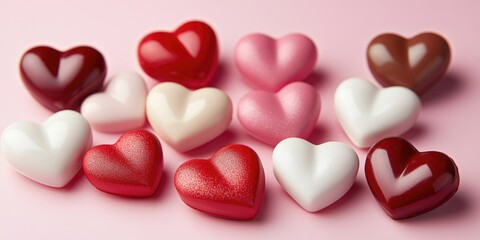 Fototapeta premium The image showcases a collection of heart-shaped candies meticulously arranged in two rows, with the top row featuring red and white hearts, while the bottom row displays pink and silver hearts. The