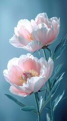 Delicate pink peonies bloom gracefully against a soft blue background, showcasing nature's beauty