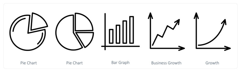 A set of 5 business icons as pie chart, bar graph, business growth