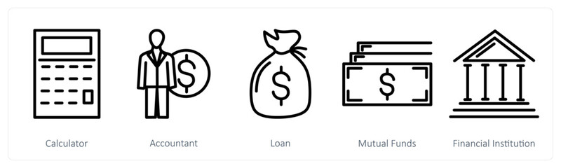 A set of 5 business icons as calculator, accountant, loan