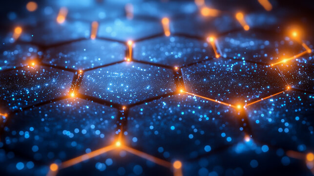 Abstract background of interconnected glowing hexagonal grids forming a futuristic network, representing artificial intelligence and advanced technology. The hexagons are intricate and detailed.