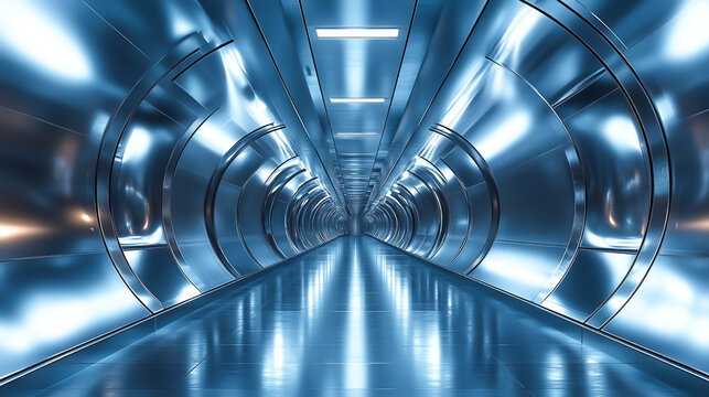 Futuristic metal tunnel, chrome corridor, sci-fi hallway, abstract interior. Shiny metallic structure, modern design, chrome reflection, light perspective, technology space. - Powered by Adobe