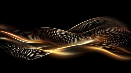 Abstract Golden Wave Lines Flowing with Dotted Pattern Design Over Dark Background Minimalist Art