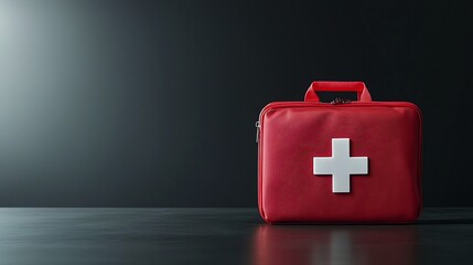 Red first aid kit with white cross on dark background, symbolizing emergency preparedness and safety.