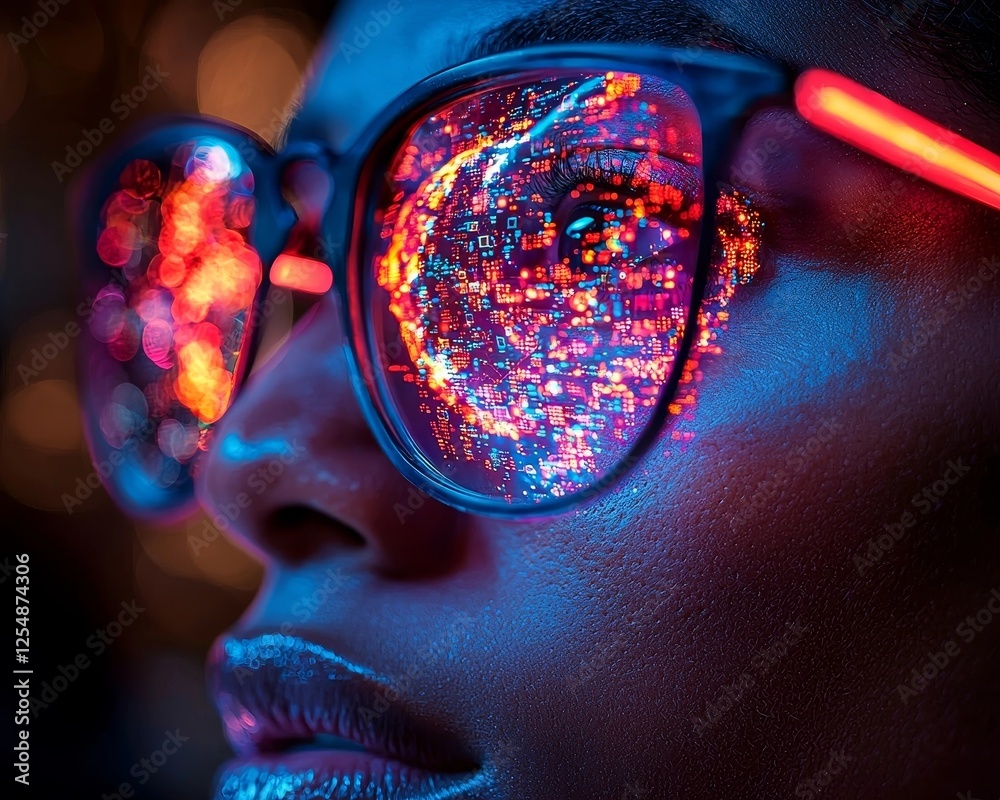 Wall mural hacker in neon glasses staring at glowing holographic brain symbolizing system breach attempt