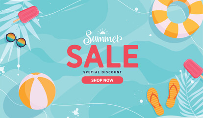 Summer sale abstract background clipart design.  Summer sale template poster card clip art for holiday season special offer shopping discount with tropical elements vector illustration.
