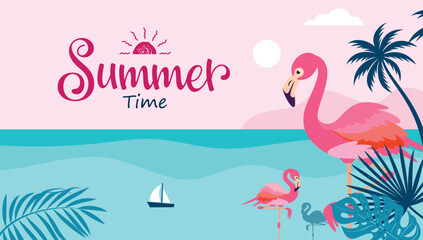 Summer time beach clipart background design. Summer beach background template clip art with cute mother and baby pink flamingo in tropical sea water vector illustration.
