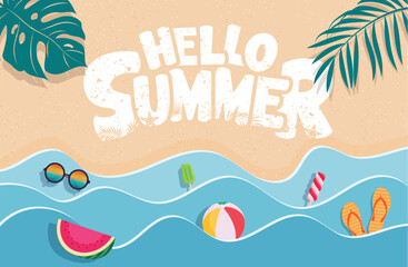 Hello summer background clipart poster design. Summer greeting text clip art in paper cut sea wave style, sand, leaves and tropical elements for holiday season decoration vector illustration.  © AmazeinDesign