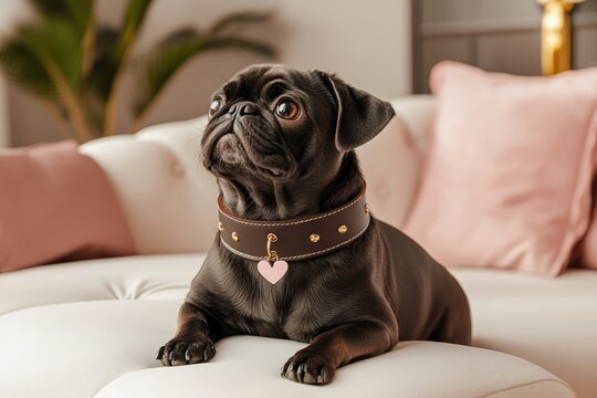 pug dog wearing necklace with heart pendant sitting on pink sofa. Valentine's day for pets concept