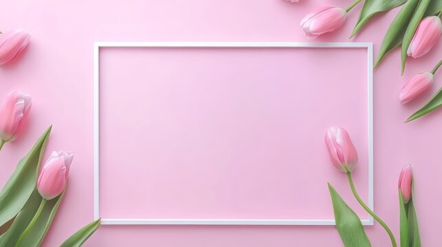 Happy Mother's Day concept with pink tulips flowers in a square frame on a pastel pink background