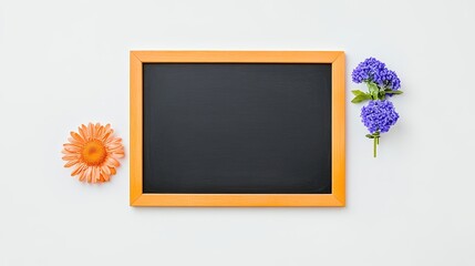 Colorful chalkboard frame with orange flower and purple blossom on a white background