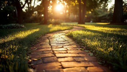 Sunlit brick pathway meanders through lush green grass, creating a tranquil and inviting scene