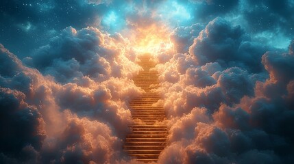 Golden Staircase to Business Success Rises Through Surreal Cloudy Sky