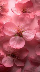 Close-up of delicate pink cherry blossoms with water droplets on a soft pink background