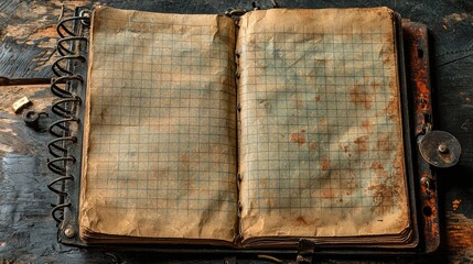 A vintage open notebook with yellowed, grid-patterned pages resting on a rustic wooden surface