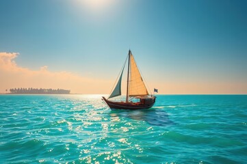 Fototapeta premium Sailing boat in turquoise ocean at sunset