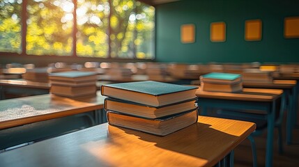Sunlit classroom with stacked books on desks, showcasing a serene learning environment