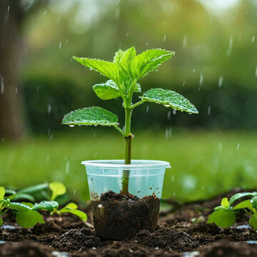 Sprout in a glass under drops of drizzling rain