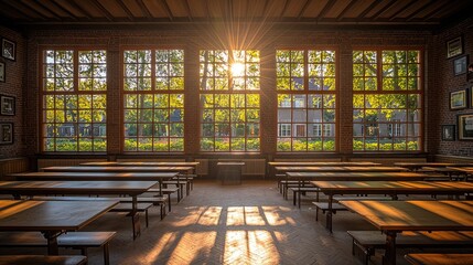 Sunlight Streaming Through Large Windows in a Rustic Classroom with Empty Tables and Greenery Outside