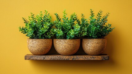 Three round pots with vibrant green plants on a wooden shelf against a bright yellow wall