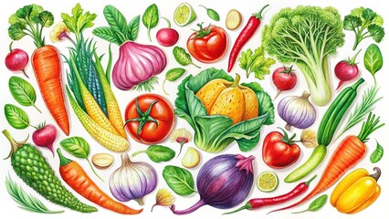 Charming Hand-Drawn Vegetable Art Print: Macro Photography of Vibrant Vegetables