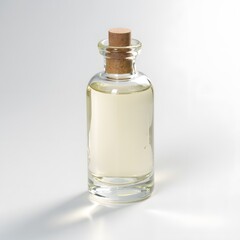 Clear Glass Bottle with Cork Stopper Filled with Light Yellow Liquid Studio Shot