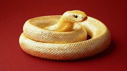Fototapeta premium Coiled golden snake on red background. Luxury, wealth, power, zodiac symbol.