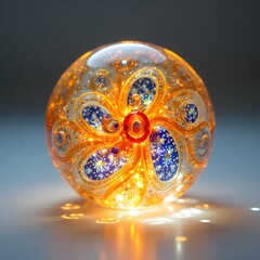 Illuminated Glass Paperweight Intricate Floral Design Amber and Blue Decorative Sphere