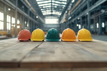 Colorful hard hats arranged on a wooden surface inside a spacious industrial facility