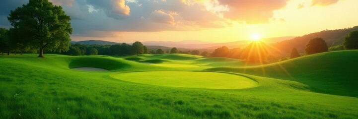Lush green grass rolling hills golf course landscape at dawn,  countryside,  nature