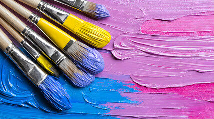 Obraz premium Colorful paintbrushes on vibrant acrylic paint. Artistic supplies