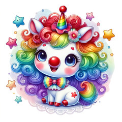 Naklejka premium Happy unicorn with a clown face, rainbow curly wig, and star decorations