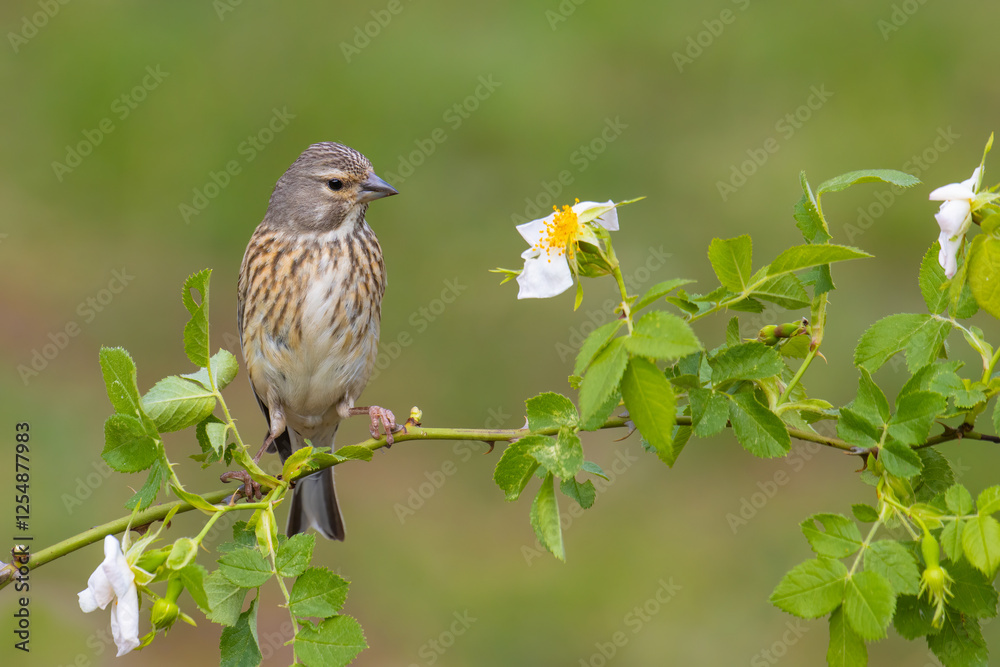 Wall mural Common Linnet on a branch