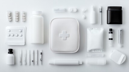 Top view of assorted medical supplies on white background, including first aid kit, pills, and syringes.