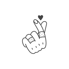 Finger Heart Gesture with Medical Plaster. Healthcare and protection symbol. Hand showing love. Band aid and adhesive bandage sign. Outline vector illustration