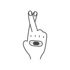 Crossed fingers gesture with Band aid. Hand pose with medical sticky adhesive bandage. First aid and recruitment symbol. Wound and injury recovery. Vector illustration