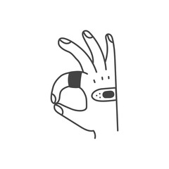 OK hand gesture with Adhesive Bandage. Doodle palm with fingers sign. Health care recovery protection symbol. Outline vector illustration