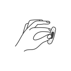 Hand Holding Adhesive Bandage. Outline vector illustration of gesture showing band aid patch. Fingers with medical plaster. First aid and health care symbol.