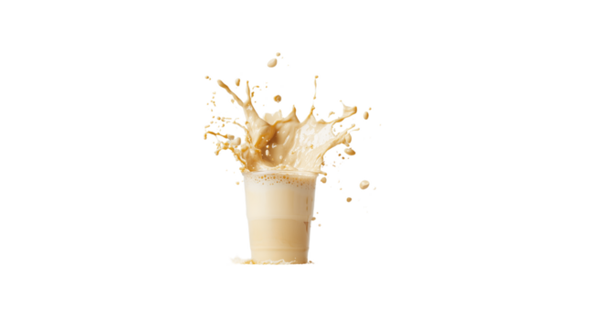 Coffee cup shattering on impact creating a dramatic splash of brown liquid against a white background