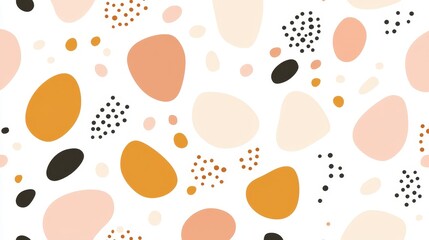 Abstract Organic Shapes Pattern in Peach Orange Brown on White with Black Spots Artwork