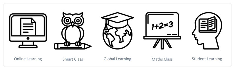 A set of 5 education icons as online learning, smart class, global learning